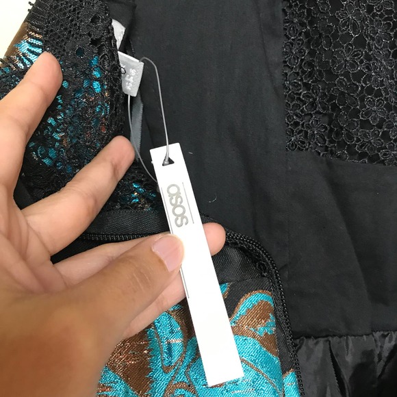 ASOS Salon Womens Metallic Flower Jacquard Midi Dress Blue Black Size 12 Prom - Picture 10 of 16